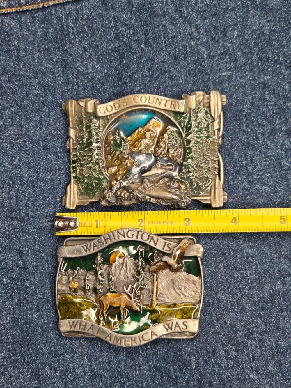 Lot of 2 - 1980s Bergamot Vintage God's Country & Washington Enamel Belt Buckles